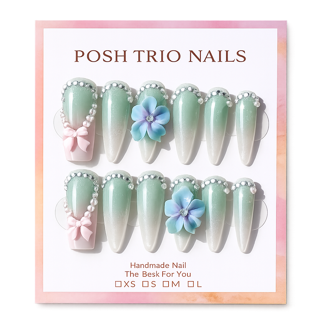 Posh Trio Handmade Mint Green Blue Flower Press-On Nails