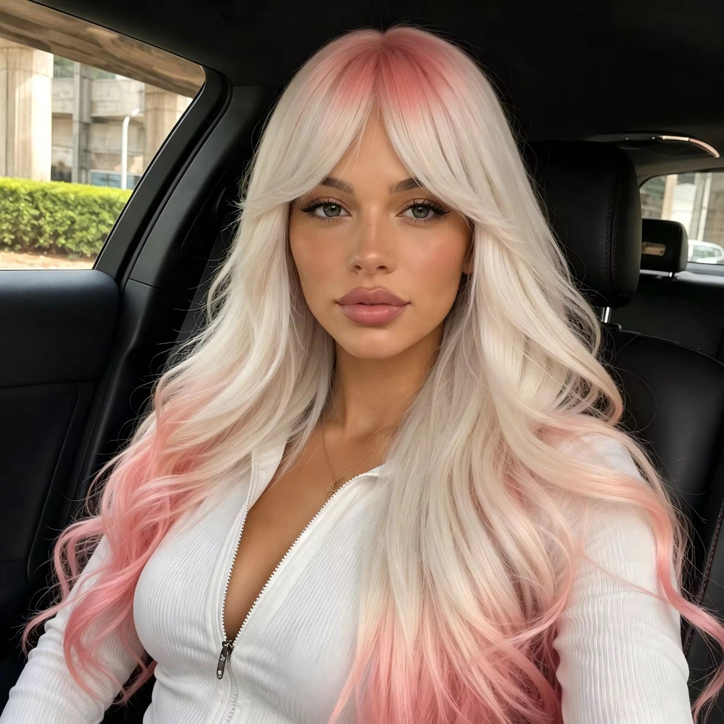 Posh Trio White & Pink Ombré Bang Wig | 26” Heat-Resistant Synthetic Wig