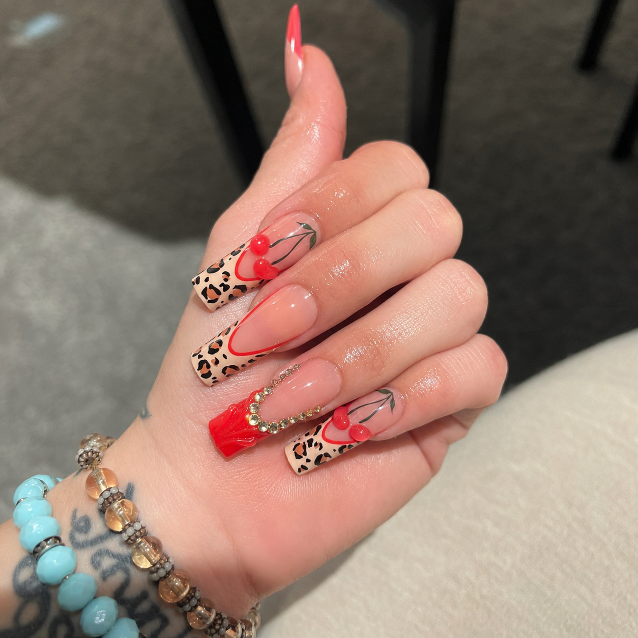 Posh Trio Red 3D Animal Print Cherry Rhinestone Press-On Nails