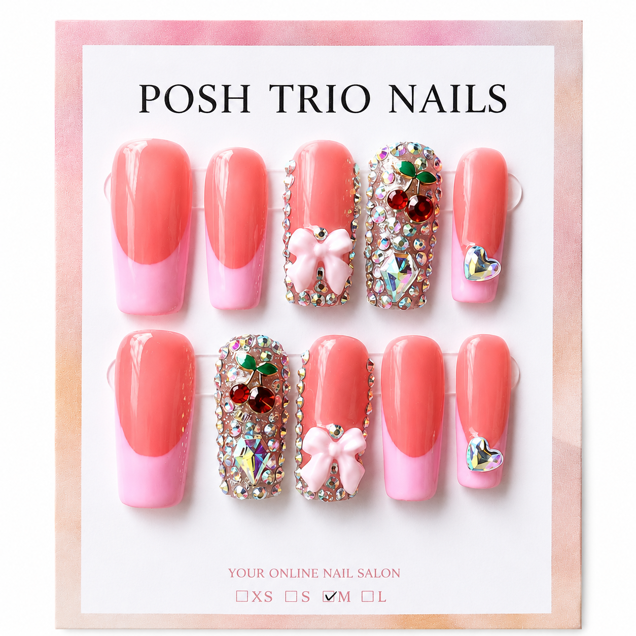 Posh Trio Handmade Coral Pink Cherry Rhinestone Press-On Nails