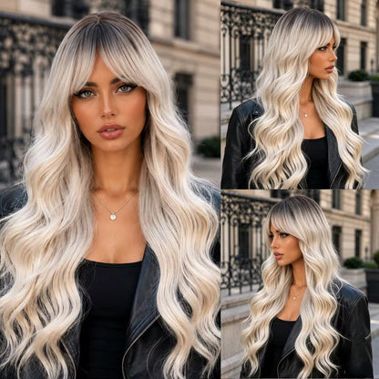 Posh Trio Platinum Blonde Body Wave Bang Wig | 26” Heat-Resistant Synthetic Wig