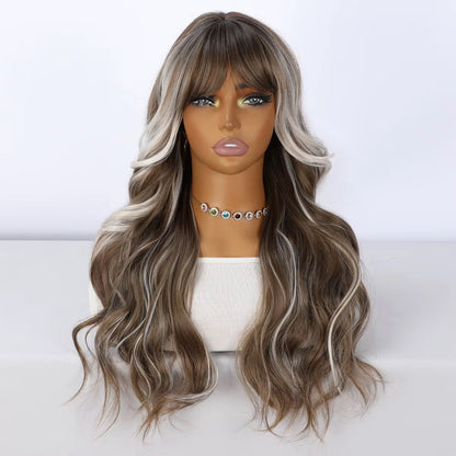 Sloane | 26” Highlighted Brown Wavy Synthetic Wig with Bangs