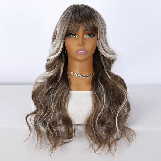 Sloane | 26” Highlighted Brown Wavy Synthetic Wig with Bangs