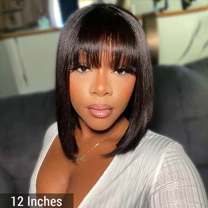 12" Realistic Yaki Straight Bob with Bangs – Minimalist Lace Wig | 150% Density