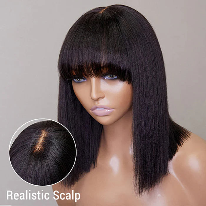 12" Realistic Yaki Straight Bob with Bangs – Minimalist Lace Wig | 150% Density