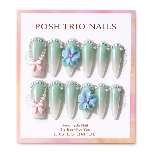Posh Trio Handmade Mint Green Blue Flower Press-On Nails