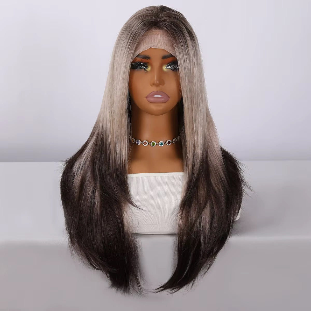 Posh Trio Beauty Ash Blonde & Espresso Ombré Lace Front Wig | 24” Synthetic
