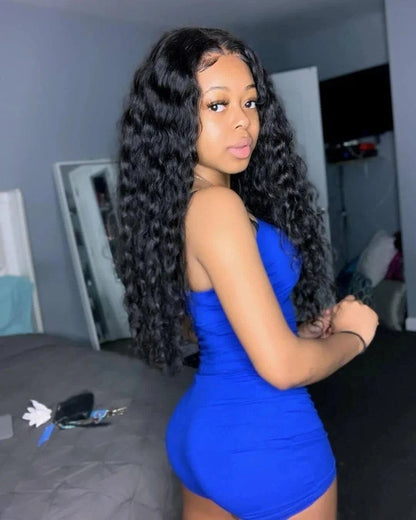 Goddess Wave Deep Wave 220% Density Glueless Lace Frontal Human Hair Wig | 5x5 or 13x4 | Natural Black