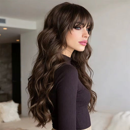 Posh Trio Chocolate Brown Body Wave Bang Wig | 24” Heat-Resistant Synthetic Wig