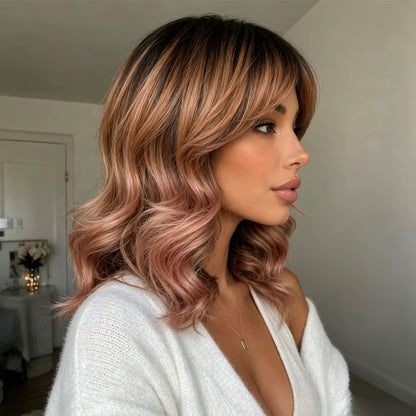 Posh Trio Rose Gold Bob Bang Wig | 12” Heat-Resistant Synthetic Wig