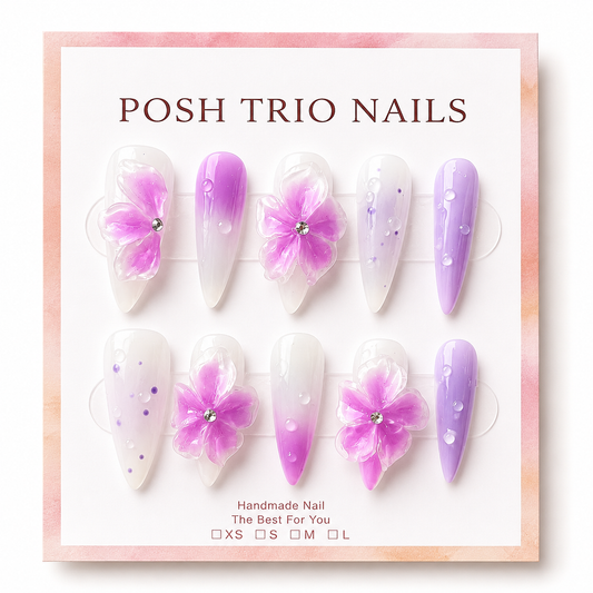Posh Trio Handmade Pink Lavender 3D Flower Press-On Nails