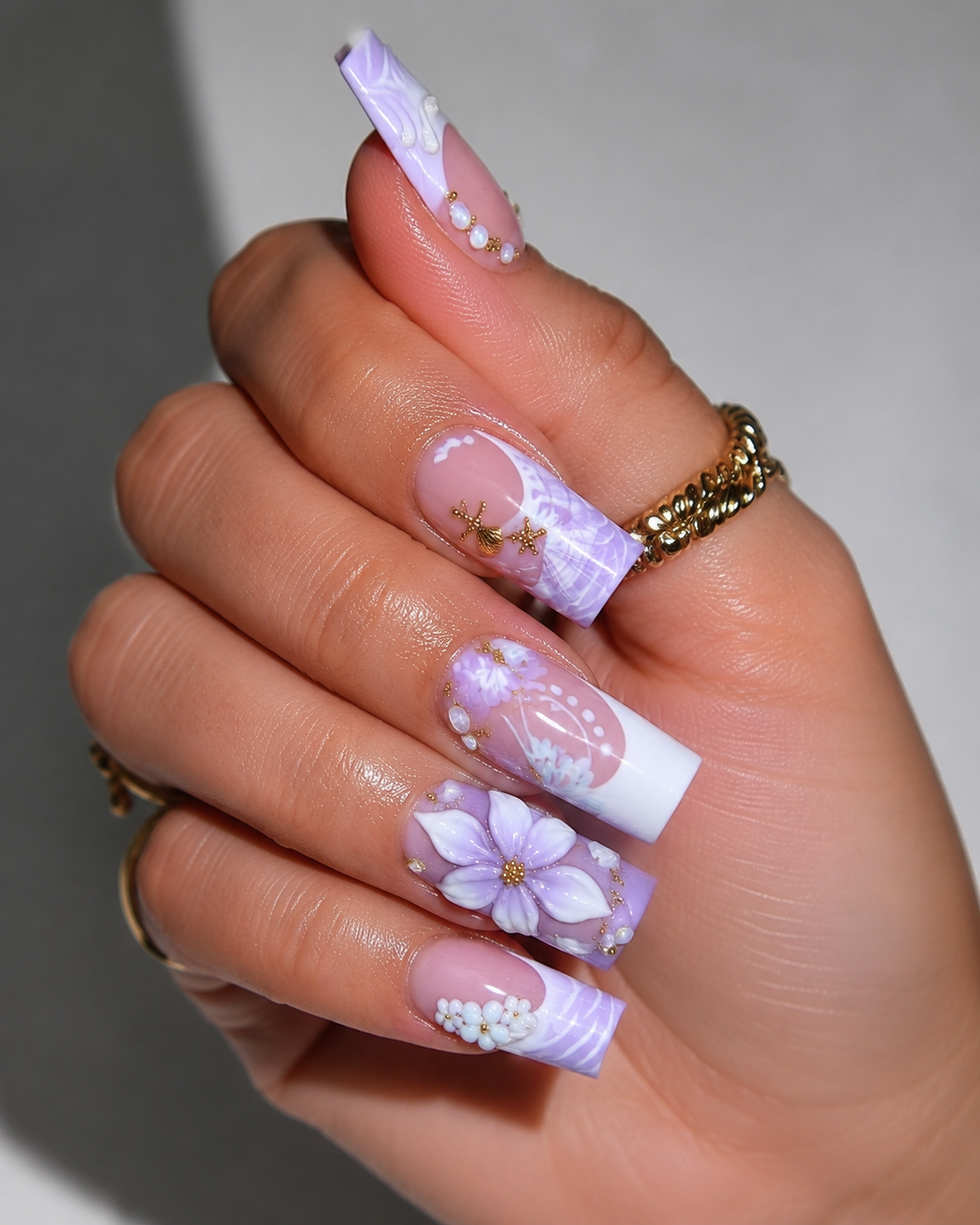 Posh Trio Classic Lavender Floral Seashell Press-On Nails