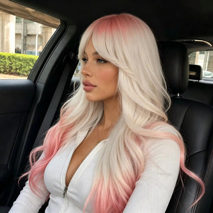 Posh Trio White & Pink Ombré Bang Wig | 26” Heat-Resistant Synthetic Wig