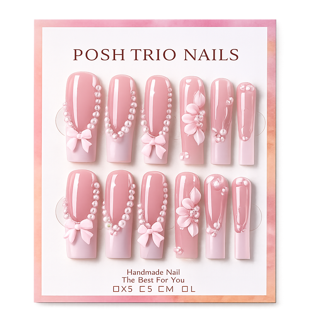 Posh Trio Handmade Blush Pink Pearl Bow Flower Press-On Nails