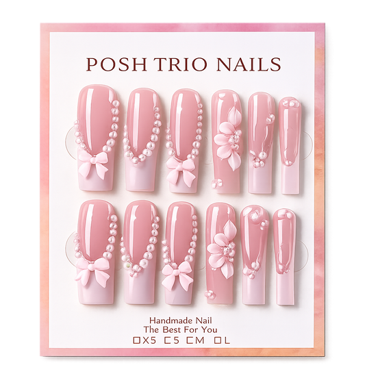 Posh Trio Handmade Blush Pink Pearl Bow Flower Press-On Nails