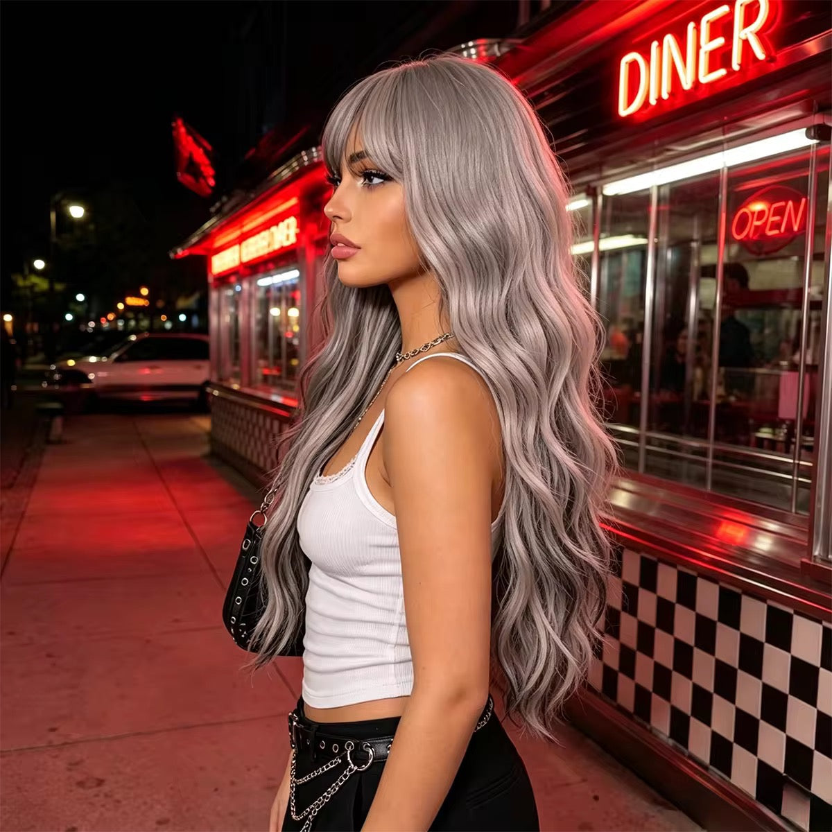 Posh Trio Black & Silver Ombre Synthetic Wig | 24” Heat-Resistant Fiber Wig