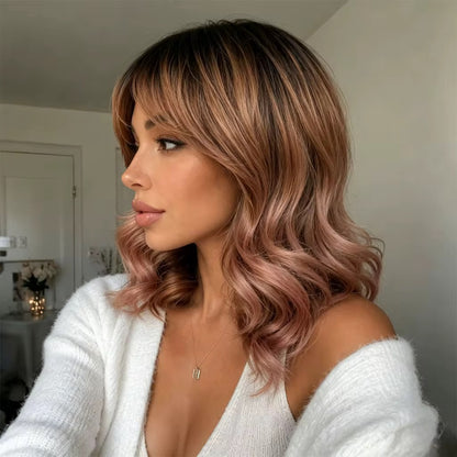 Posh Trio Rose Gold Bob Bang Wig | 12” Heat-Resistant Synthetic Wig
