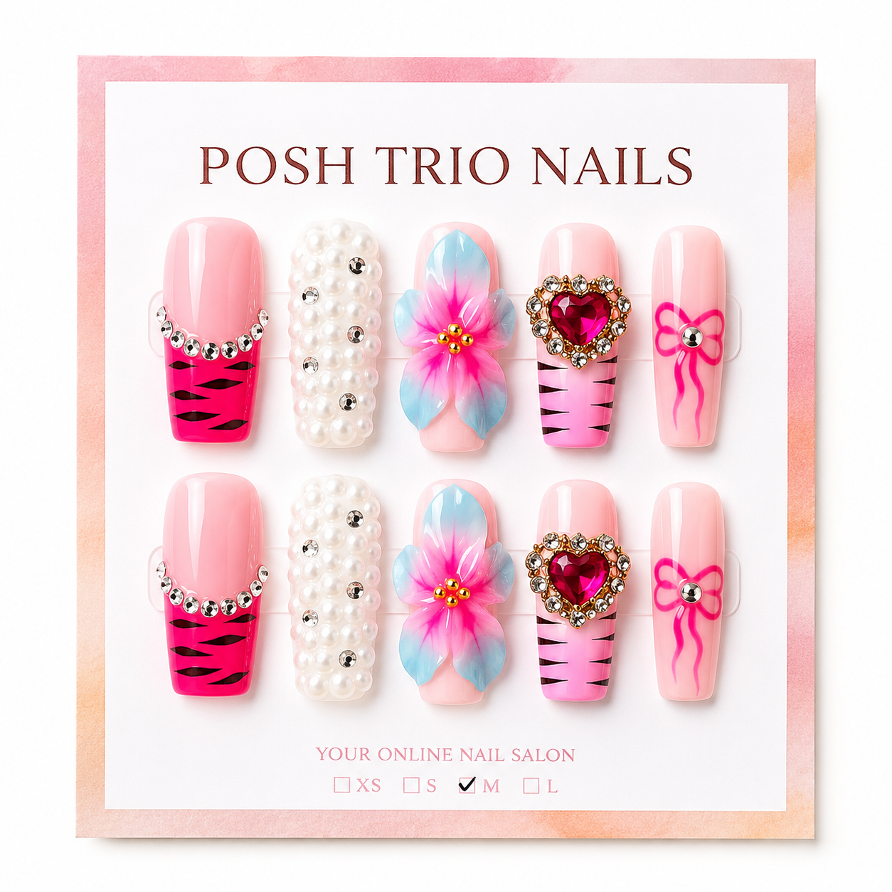 Posh Trio Handmade Pink Zebra Heart Pearl Press-On Nails