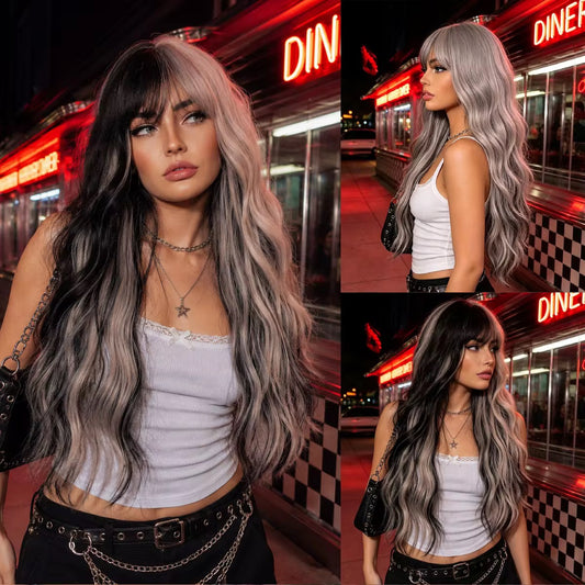 Posh Trio Black & Silver Ombre Synthetic Wig | 24” Heat-Resistant Fiber Wig