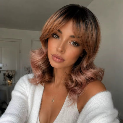 Posh Trio Rose Gold Bob Bang Wig | 12” Heat-Resistant Synthetic Wig