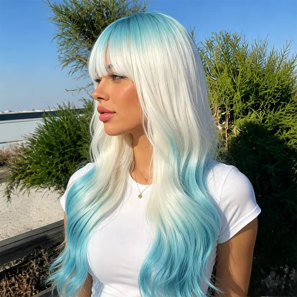 Posh Trio White & Blue Ombré Bang Wig | 26” Heat-Resistant Synthetic Wig