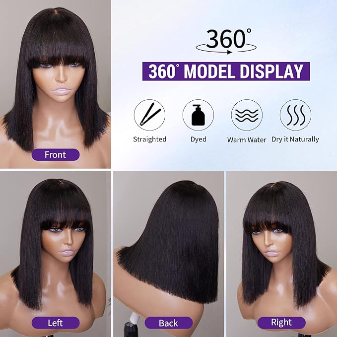 12" Realistic Yaki Straight Bob with Bangs – Minimalist Lace Wig | 150% Density