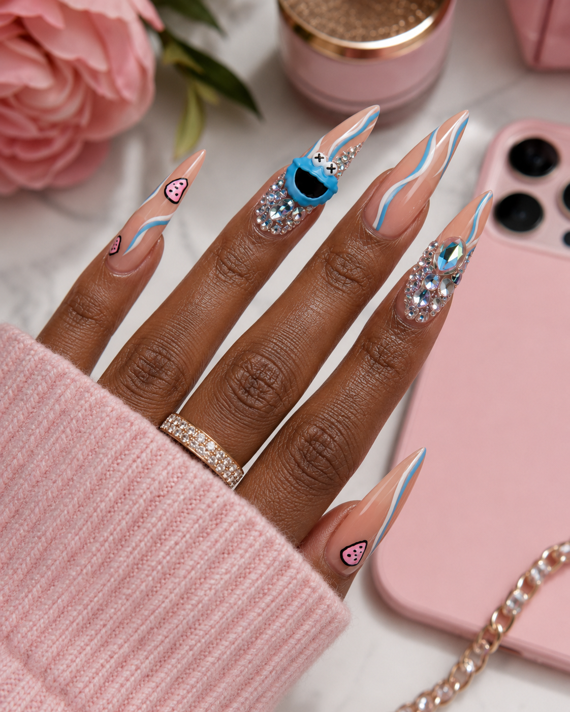 Posh Trio Premium Blue Cookie-Inspired Crystal Press-On Nails