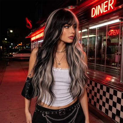 Posh Trio Black & Silver Ombre Synthetic Wig | 24” Heat-Resistant Fiber Wig