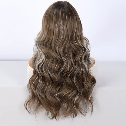 Sloane | 26” Highlighted Brown Wavy Synthetic Wig with Bangs
