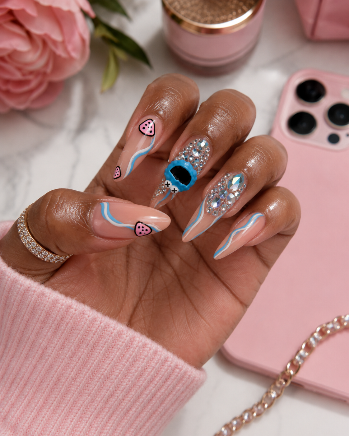 Posh Trio Premium Blue Cookie-Inspired Crystal Press-On Nails