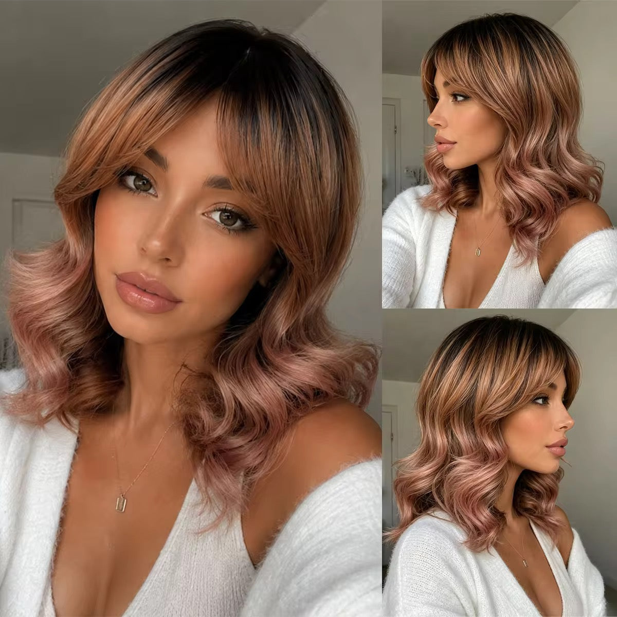 Posh Trio Rose Gold Bob Bang Wig | 12” Heat-Resistant Synthetic Wig