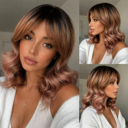 Posh Trio Rose Gold Bob Bang Wig | 12” Heat-Resistant Synthetic Wig