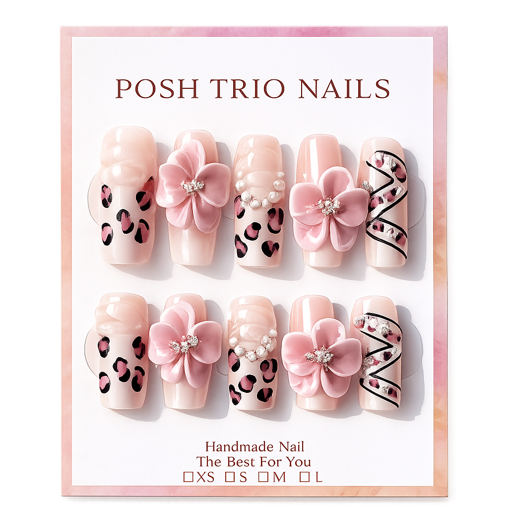 Posh Trio Handmade Pink Leopard 3D Flower Press-On Nails