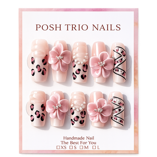 Posh Trio Handmade Pink Leopard 3D Flower Press-On Nails