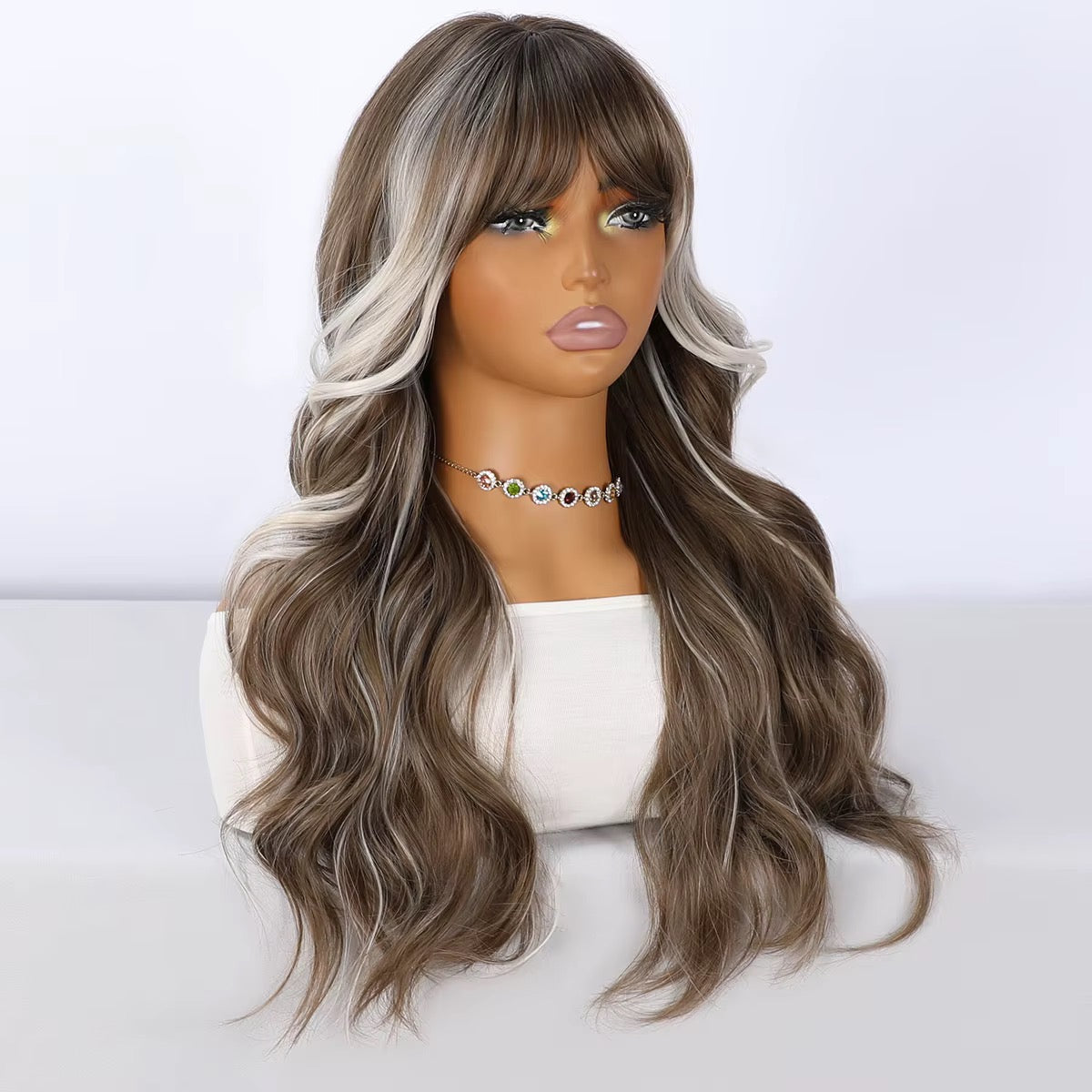 Sloane | 26” Highlighted Brown Wavy Synthetic Wig with Bangs