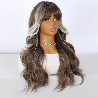 Sloane | 26” Highlighted Brown Wavy Synthetic Wig with Bangs