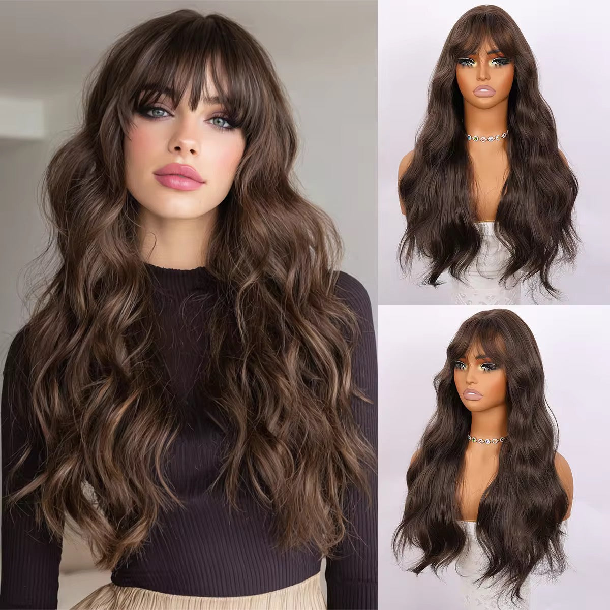 Posh Trio Chocolate Brown Body Wave Bang Wig | 24” Heat-Resistant Synthetic Wig