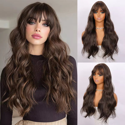 Posh Trio Chocolate Brown Body Wave Bang Wig | 24” Heat-Resistant Synthetic Wig