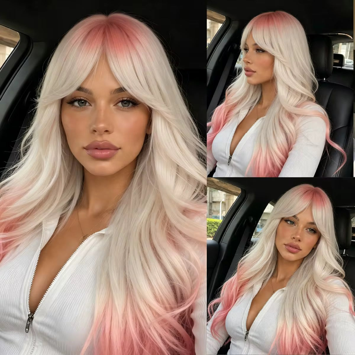 Posh Trio White & Pink Ombré Bang Wig | 26” Heat-Resistant Synthetic Wig