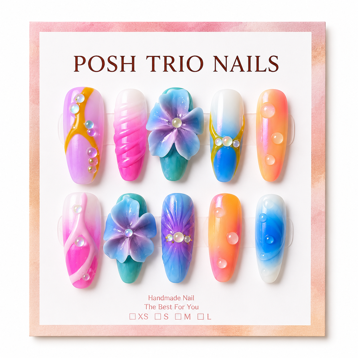 Posh Trio Handmade Pastel Rainbow 3D Flower Press-On Nails
