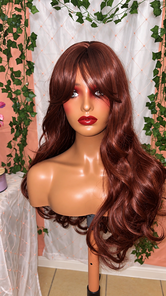The Marissa | Synthetic Fiber 28” Red-Brown Layered Curtain Bang Wig