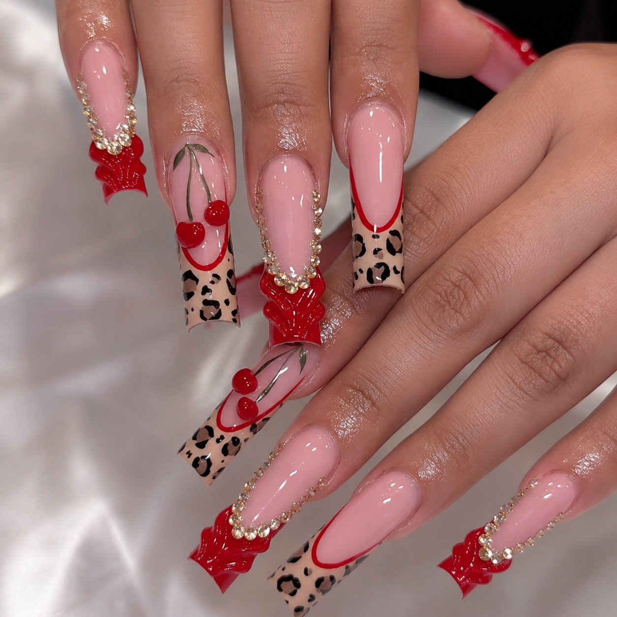 Posh Trio Machine Made Pink 3D Floral Rhinestone Press-On Nails