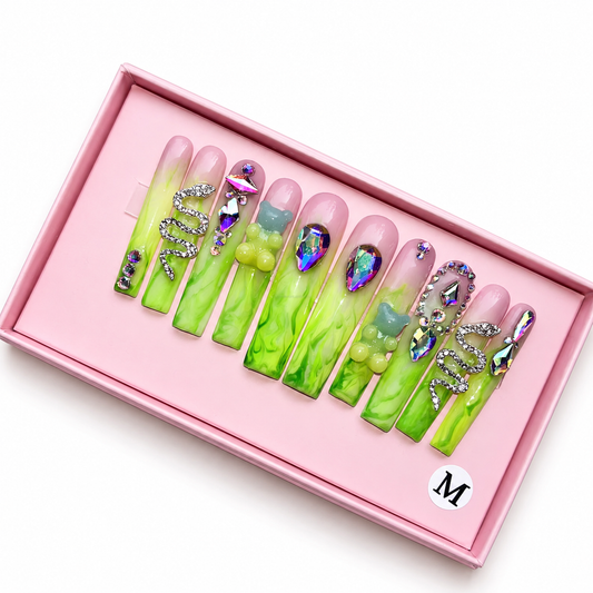 Posh Trio Premium Neon Green Snake Charm Rhinestone Press-On Nails
