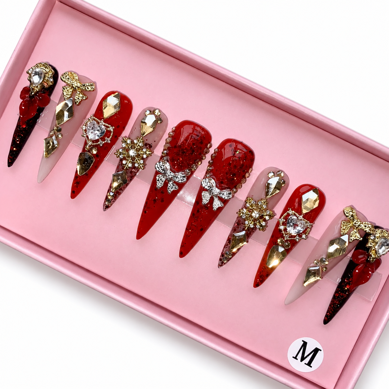 Posh Trio Premium Red Bow Crystal Stiletto Press-On Nails