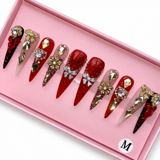 Posh Trio Premium Red Bow Crystal Stiletto Press-On Nails
