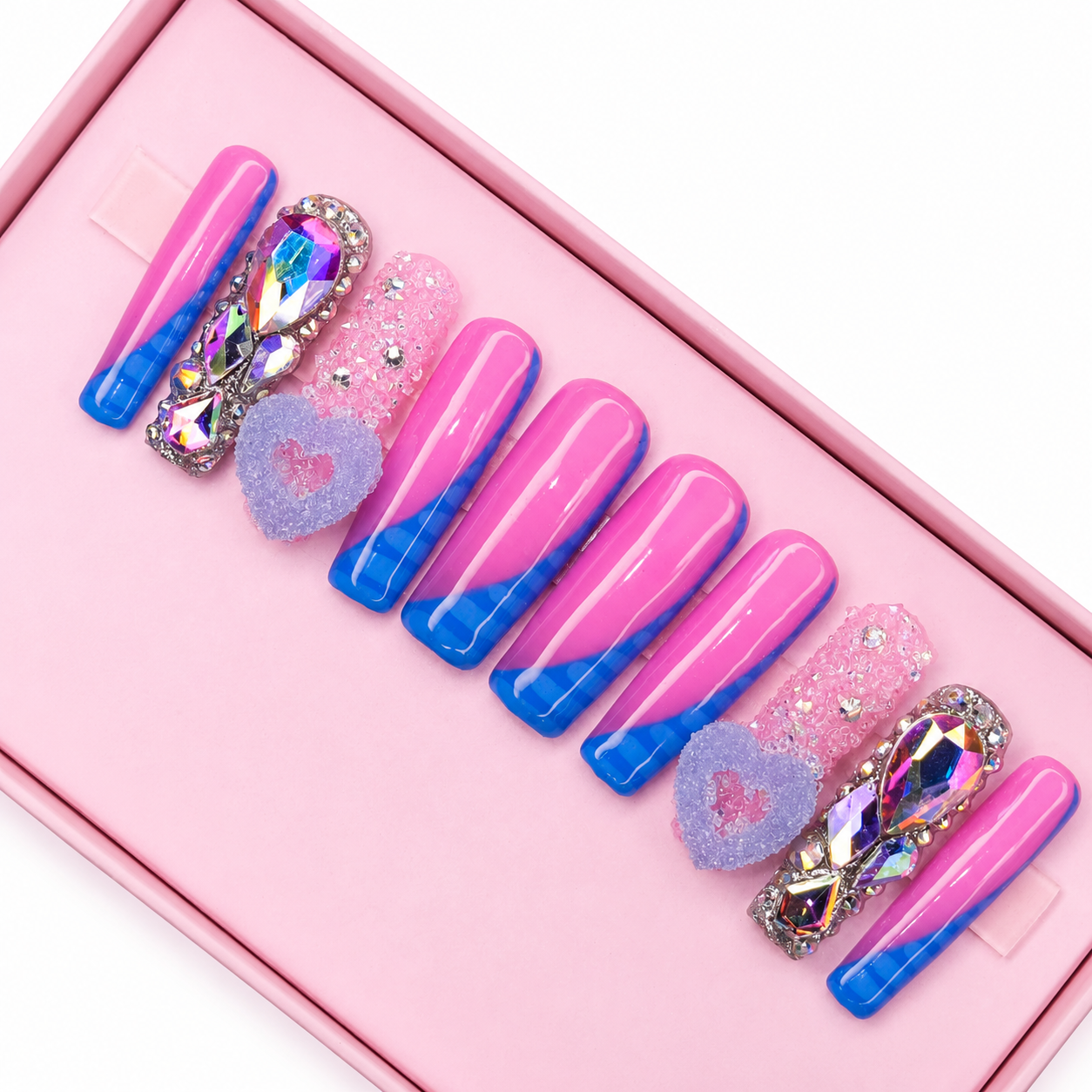 Posh Trio Premium Pink & Blue Crystal Heart Press-On Nails