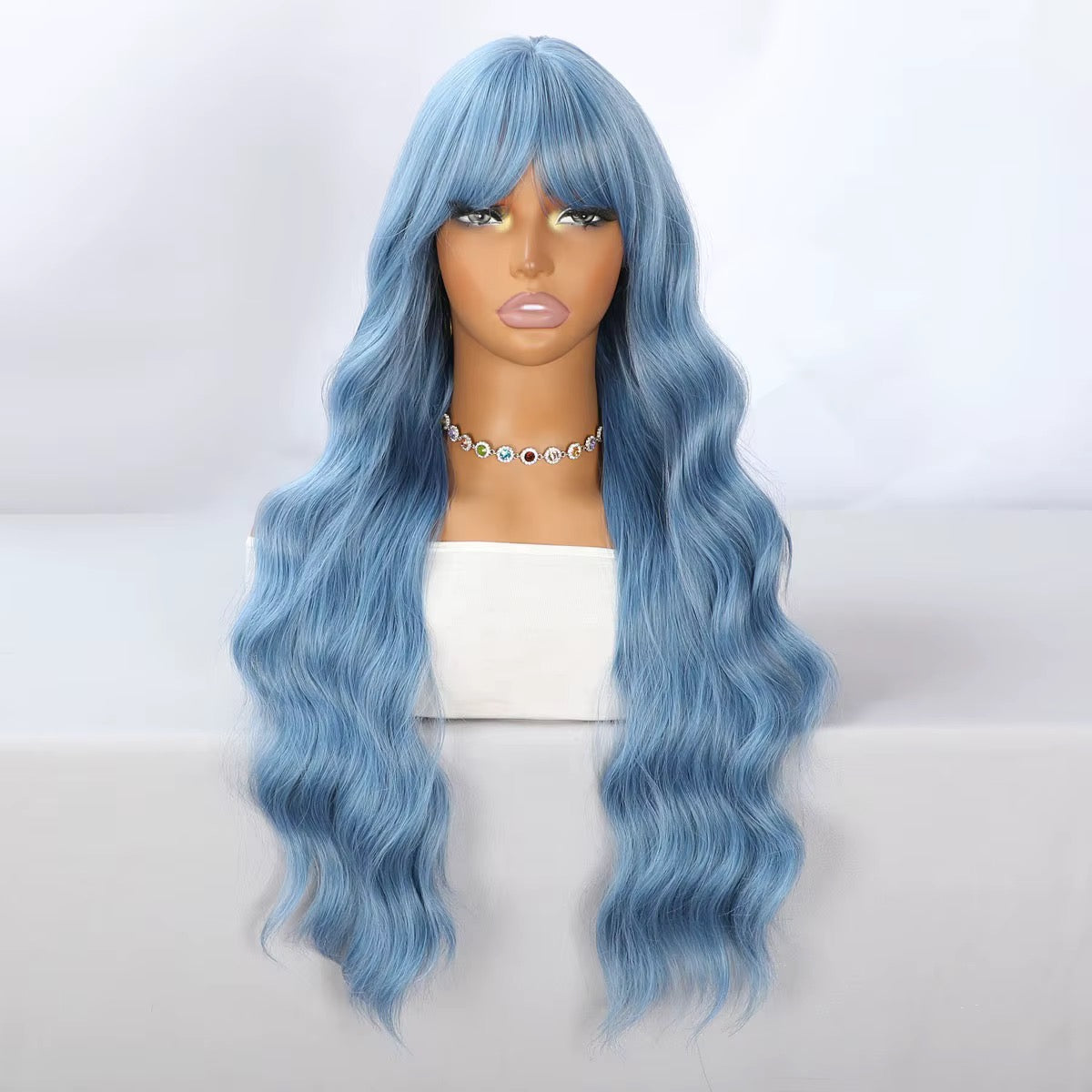 Skye | 26” Powder Blue Wavy Wig with Bangs