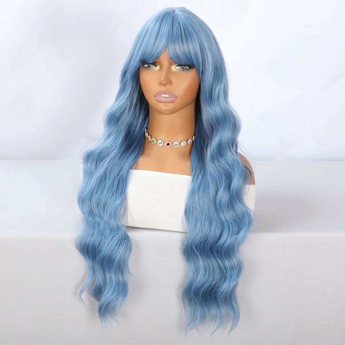 Skye | 26” Powder Blue Wavy Wig with Bangs