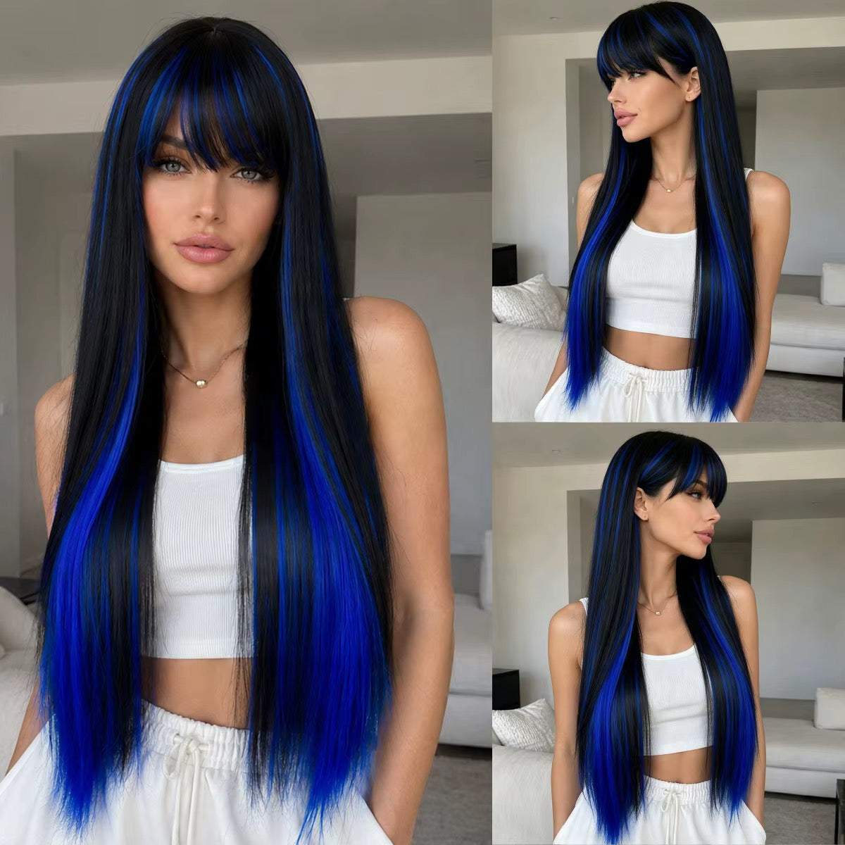 Nyx | 26” Black & Electric Blue Straight Wig with Bangs