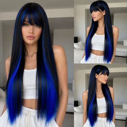 Nyx | 26” Black & Electric Blue Straight Wig with Bangs